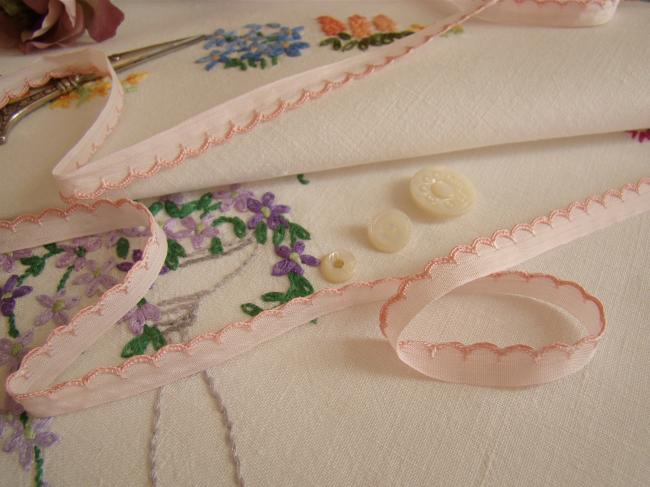 Lovely old little ribbon in pale pink  with pink  festoons, width 10mm