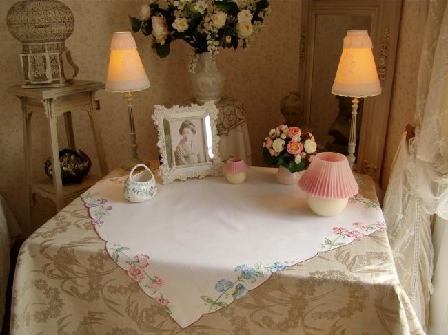 So adorable tablecloth with hand-embroidered bunches of eyelets