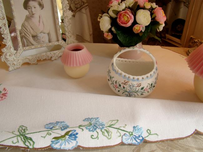 So adorable tablecloth with hand-embroidered bunches of eyelets