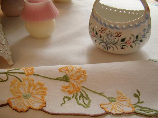 So adorable tablecloth with hand-embroidered bunches of eyelets