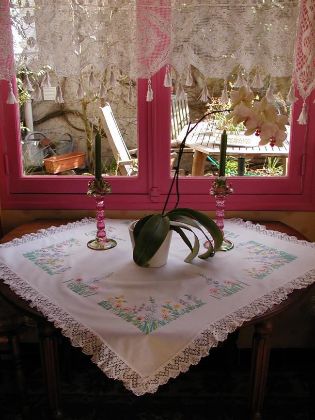 So romantic tablecloth with embroidered english garden with lace edging