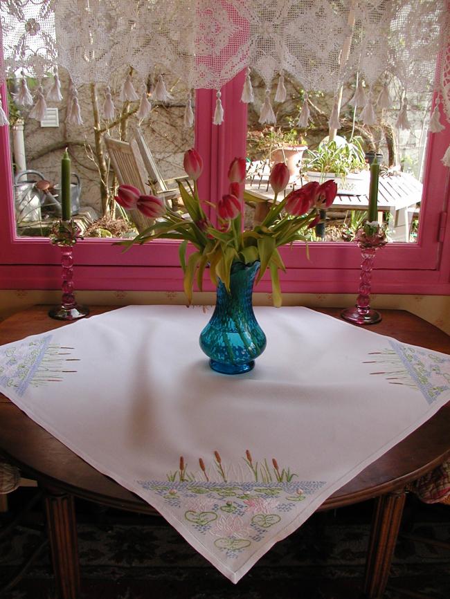 Lovely tablecloth with hand-embroidered waterlilies and reeds