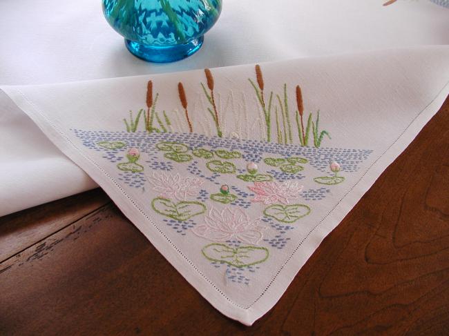 Lovely tablecloth with hand-embroidered waterlilies and reeds