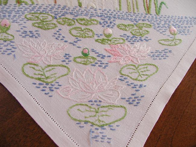 Lovely tablecloth with hand-embroidered waterlilies and reeds