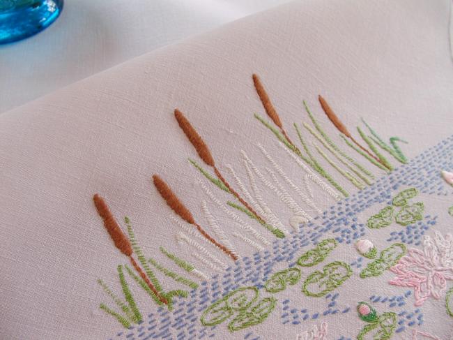 Lovely tablecloth with hand-embroidered waterlilies and reeds