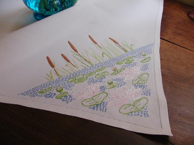 Lovely tablecloth with hand-embroidered waterlilies and reeds