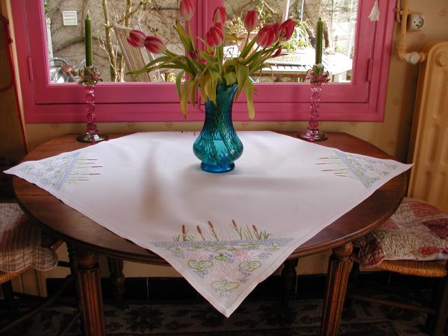 Lovely tablecloth with hand-embroidered waterlilies and reeds