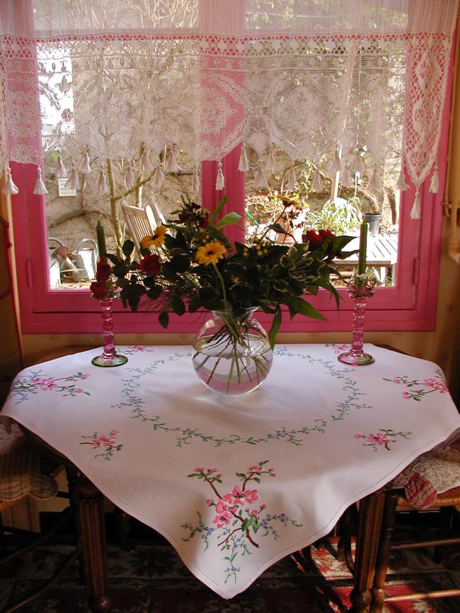 Breathtaking tablecloth with hand-embroidered blooming appletree