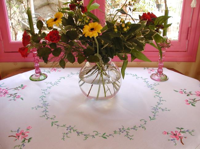 Breathtaking tablecloth with hand-embroidered blooming appletree