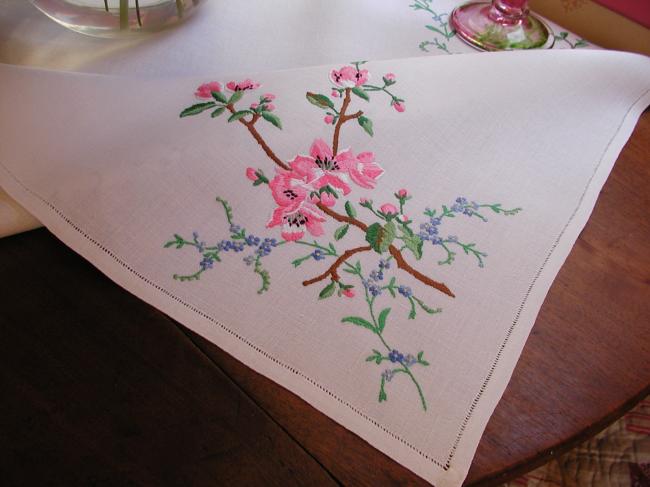 Breathtaking tablecloth with hand-embroidered blooming appletree