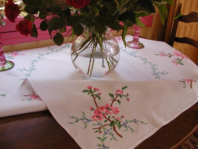 Breathtaking tablecloth with hand-embroidered blooming appletree