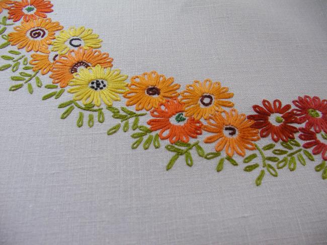 Gorgeous tablecloth with hand-embroidered crown of orange flowers