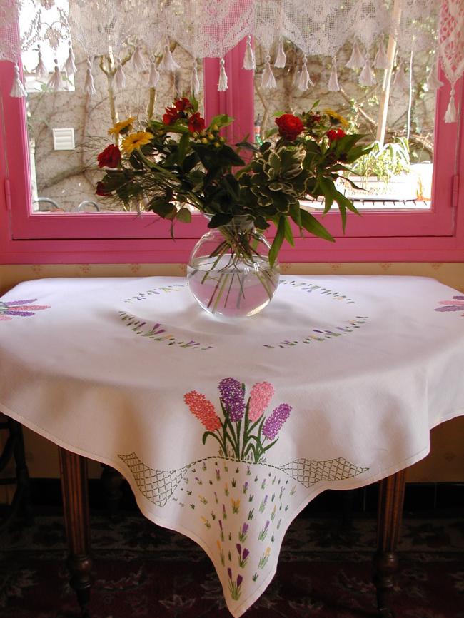 Really pretty tablecloth with hand-embroidered hyacinths and crocus