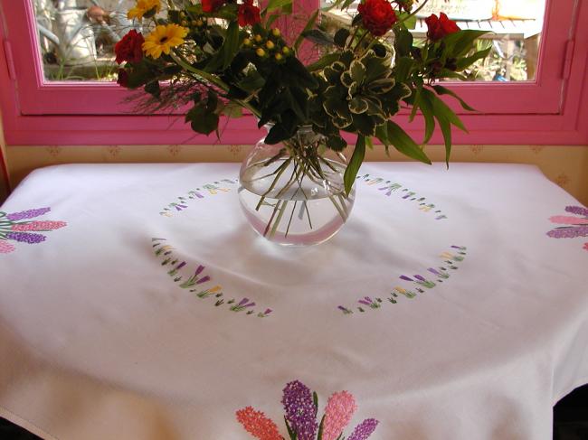 Really pretty tablecloth with hand-embroidered hyacinths and crocus