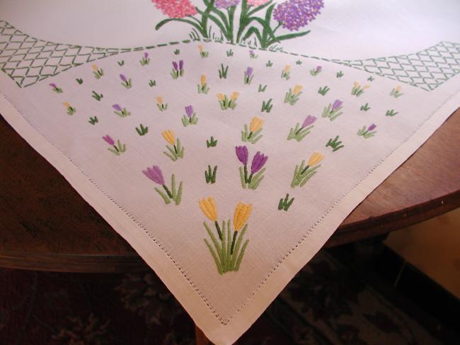 Really pretty tablecloth with hand-embroidered hyacinths and crocus