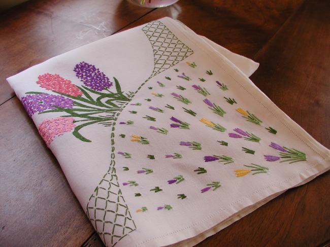 Really pretty tablecloth with hand-embroidered hyacinths and crocus