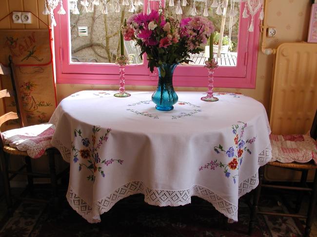 Gorgeous tablecloth with hand-embroidered pansies and cotton lace border