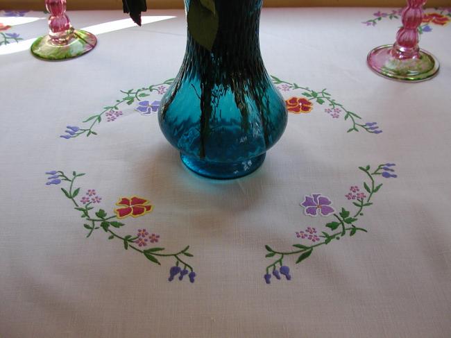 Gorgeous tablecloth with hand-embroidered pansies and cotton lace border