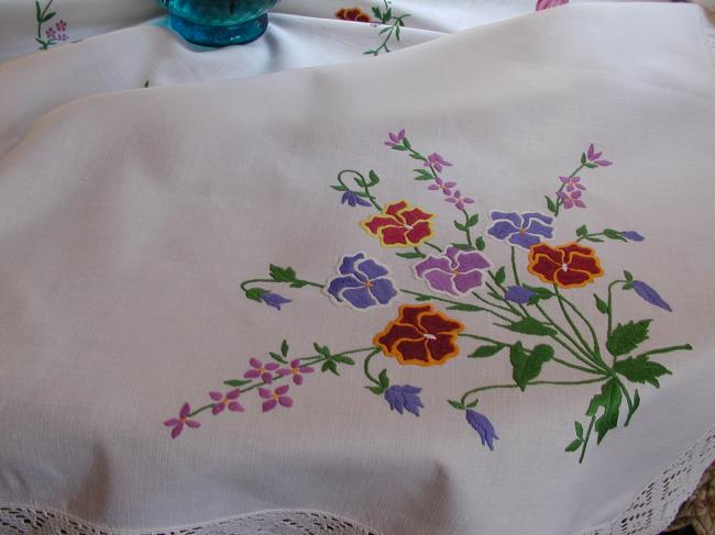 Gorgeous tablecloth with hand-embroidered pansies and cotton lace border