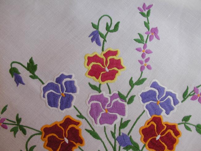 Gorgeous tablecloth with hand-embroidered pansies and cotton lace border