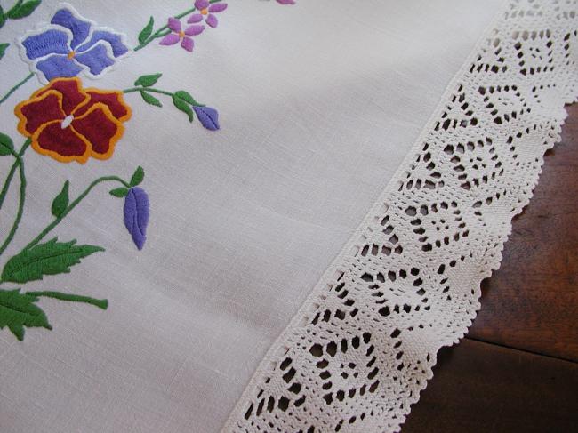 Gorgeous tablecloth with hand-embroidered pansies and cotton lace border