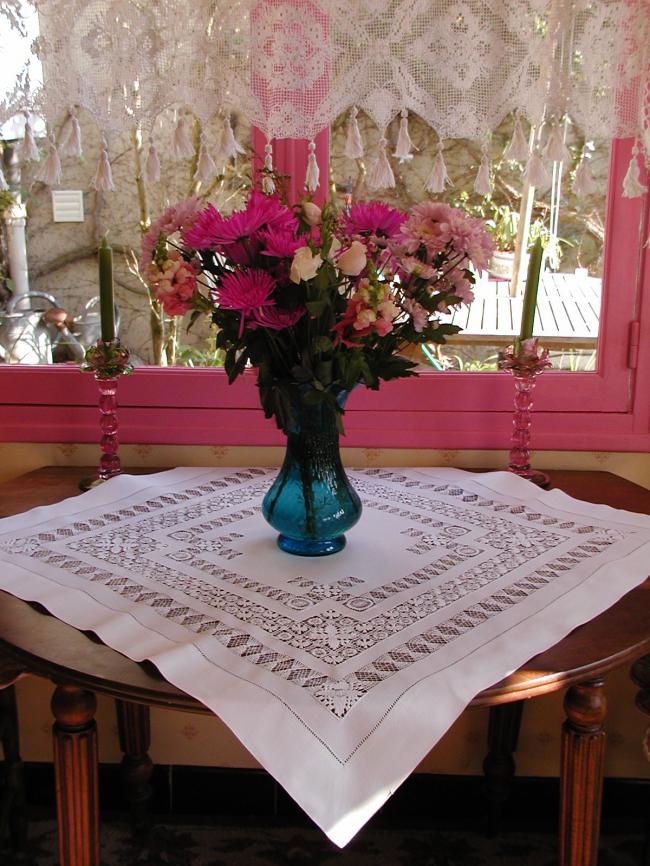 Gorgeous tablecloth with lavish Teneriffe and drawn threads works