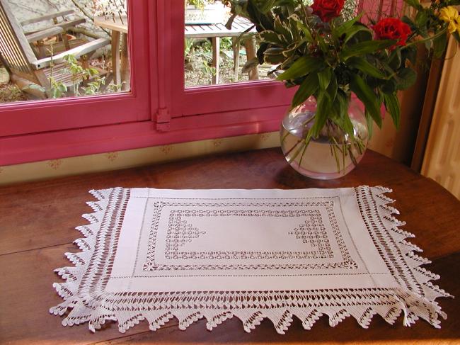 Wonderful bedside tablecloth with drawn thread work and crochet lace