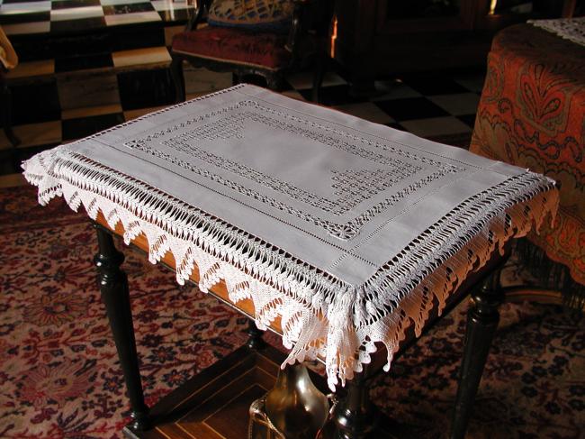 Wonderful bedside tablecloth with drawn thread work and crochet lace