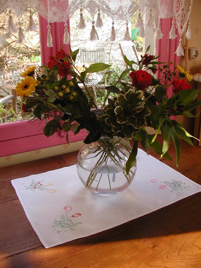 So sweet tray cloth with hand-embroidered colorful  tulips