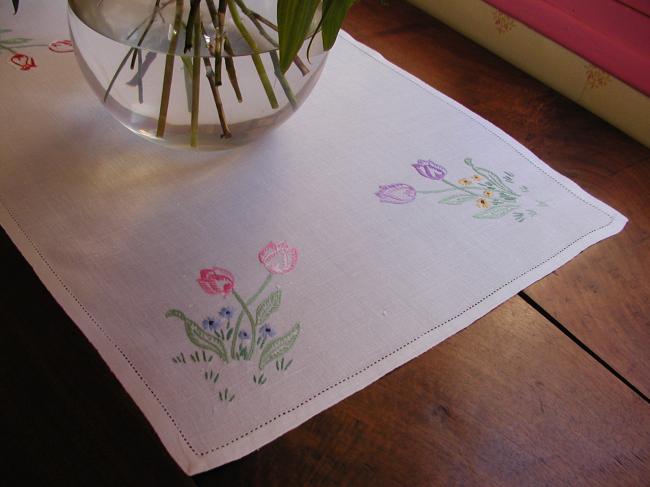 So sweet tray cloth with hand-embroidered colorful  tulips