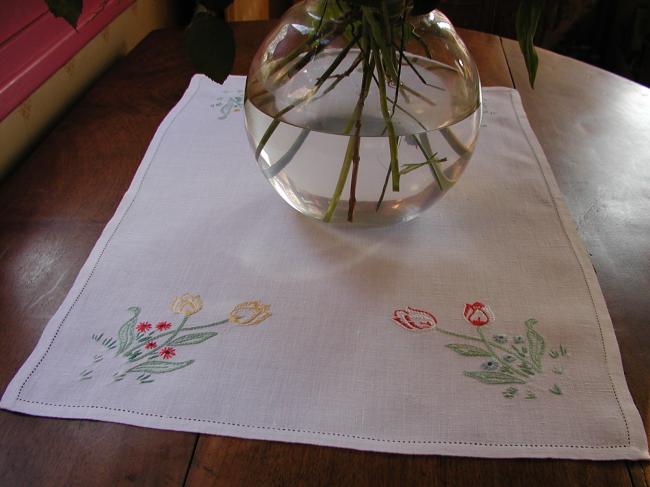 So sweet tray cloth with hand-embroidered colorful  tulips