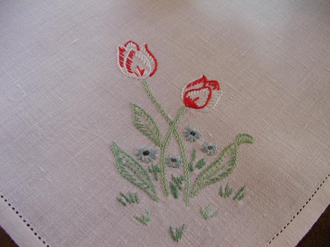 So sweet tray cloth with hand-embroidered colorful  tulips