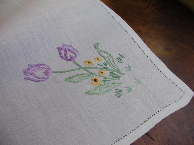 So sweet tray cloth with hand-embroidered colorful  tulips