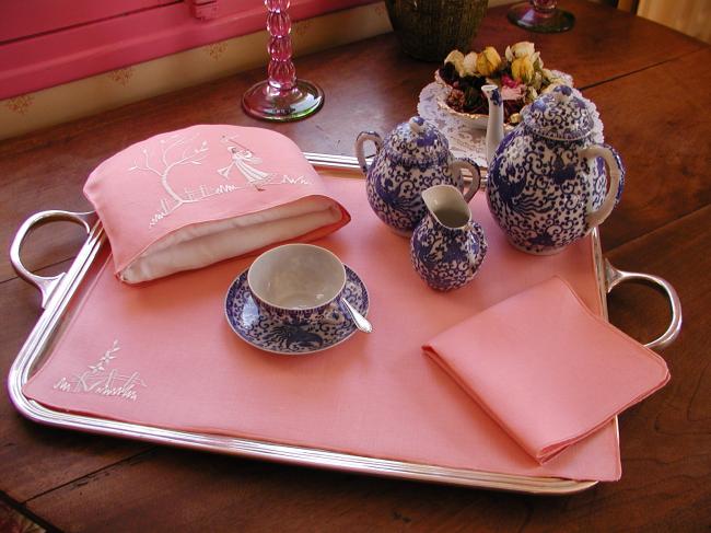 Adorable set for breakfast in bed, with tea-cosy in pink and white embroidery