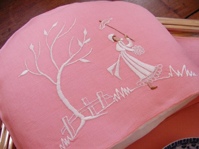 Adorable set for breakfast in bed, with tea-cosy in pink and white embroidery