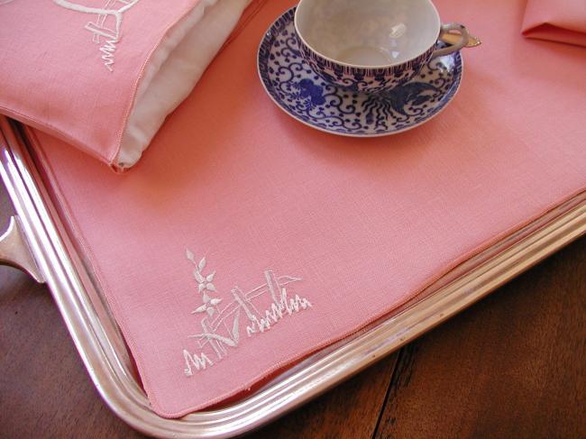 Adorable set for breakfast in bed, with tea-cosy in pink and white embroidery