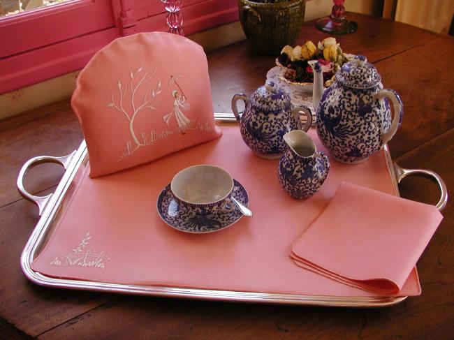 Adorable set for breakfast in bed, with tea-cosy in pink and white embroidery