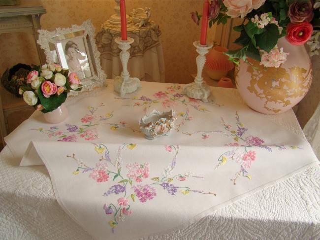 Enchanting small tablecloth with hand-embroidered flowers and sweet peas