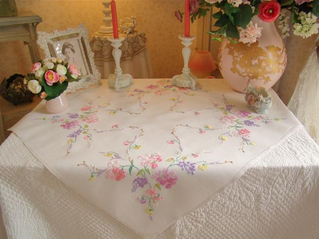 Enchanting small tablecloth with hand-embroidered flowers and sweet peas