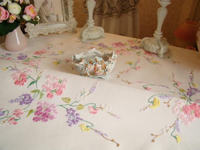 Enchanting small tablecloth with hand-embroidered flowers and sweet peas