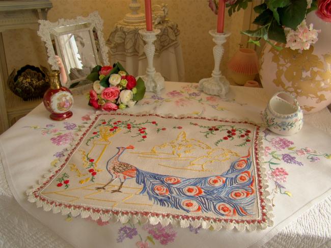 Superb linen table centre with lavish peacock 1920-30