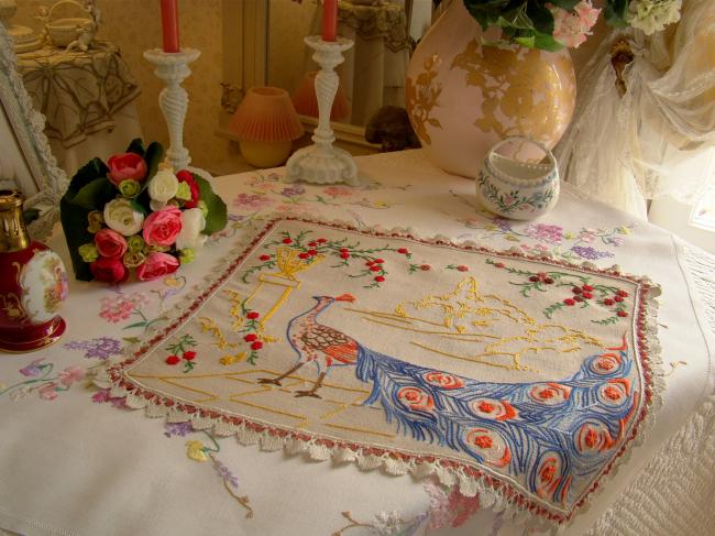 Superb linen table centre with lavish peacock 1920-30