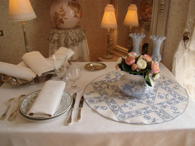 Lovely large table centre with hand-embroidered blue tiny flowers