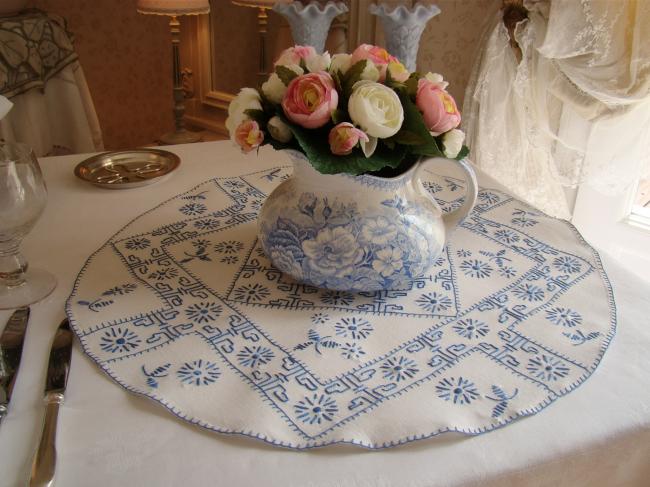 Lovely large table centre with hand-embroidered blue tiny flowers