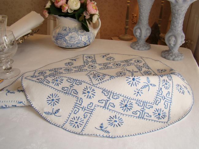 Lovely large table centre with hand-embroidered blue tiny flowers