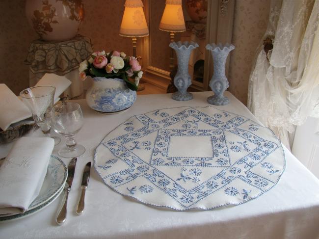 Lovely large table centre with hand-embroidered blue tiny flowers