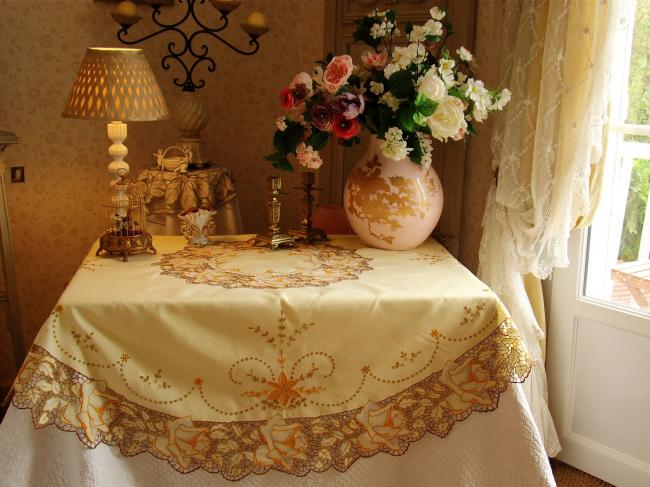 Masterpiece of tablecloth in Madeira work, rich color,embroidered roses