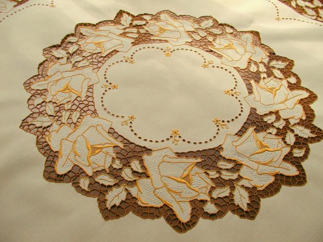 Masterpiece of tablecloth in Madeira work, rich color,embroidered roses