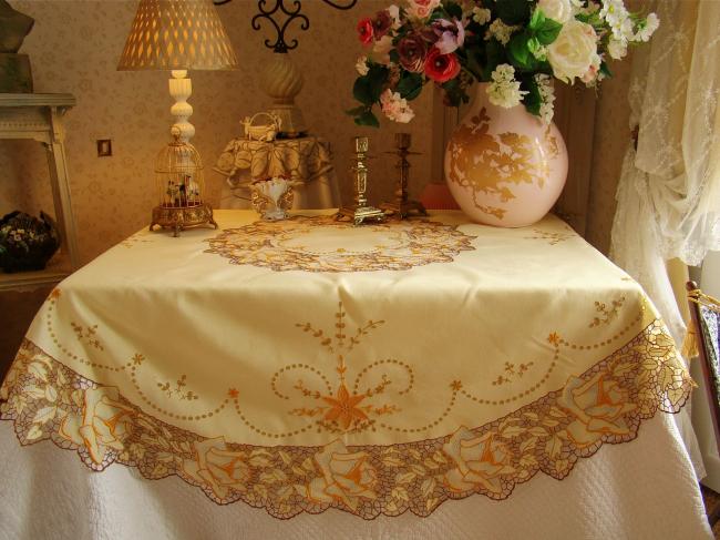 Masterpiece of tablecloth in Madeira work, rich color,embroidered roses