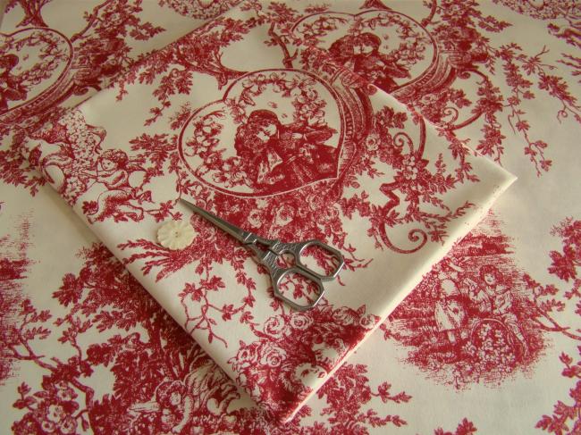 Coupon panneau de coton imprimé 'toile de Jouy' couleur rouge Carmin